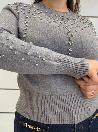 Maglioncino ECO grigio con swarovski per un look elegante e stiloso, con dettagli scintillanti