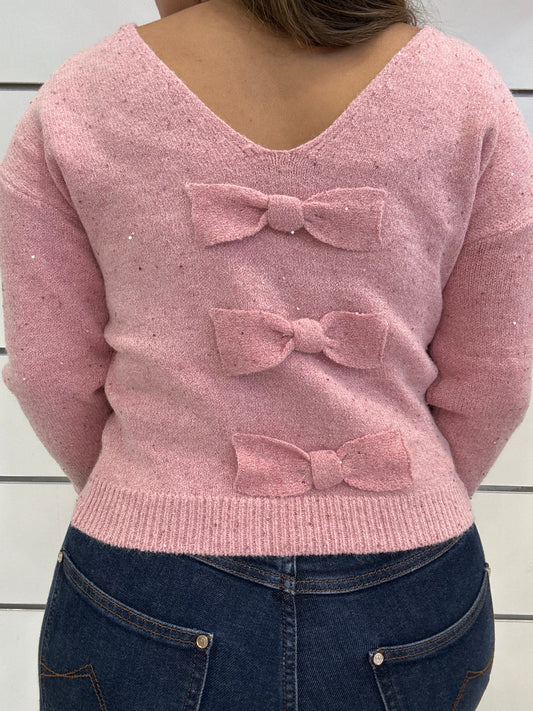 Maglioncino rosa con fiocchetti di Molly Bracken, con dettagli in fiocco sul retro e scollo a V