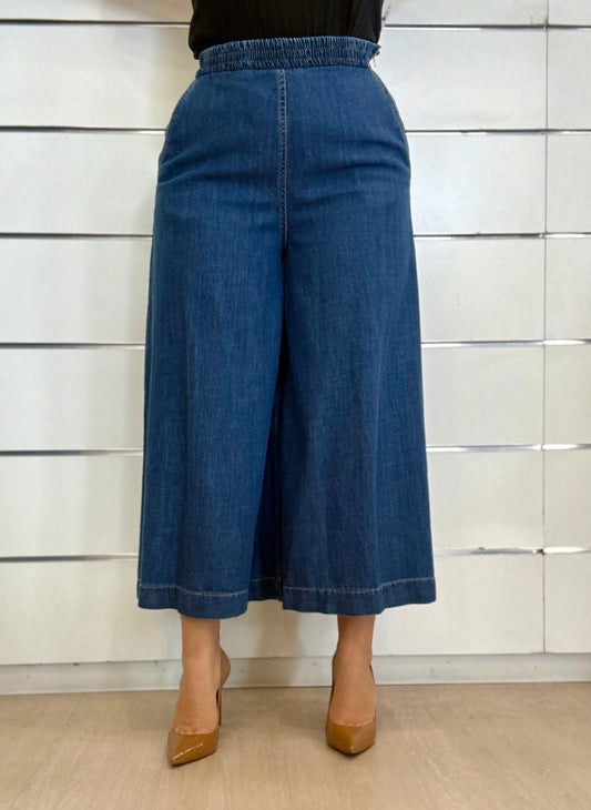 Pantagonna in denim a vita elasticizzata con design cropped e comodo per l'uso quotidiano