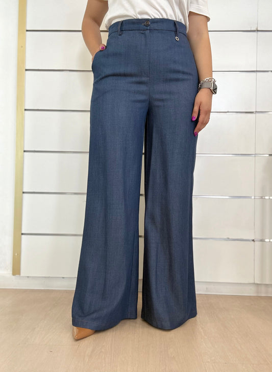 Pantalone a palazzo in denim ECO con vita alta e tasche laterali per un look elegante