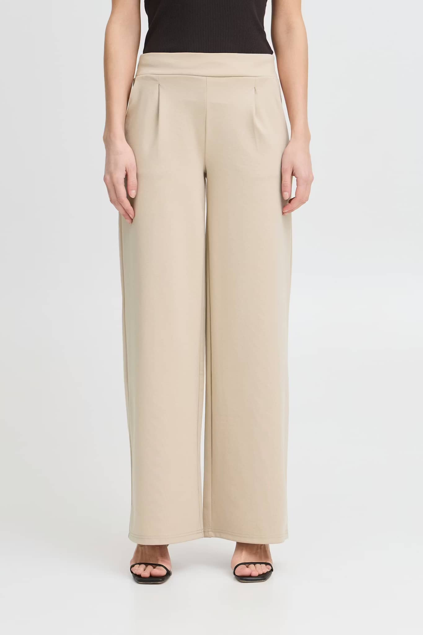 Pantalone largo beige ICHI con vita alta e tasche per un look elegante e comodo