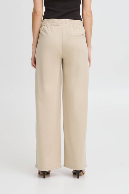 Pantalone largo beige ICHI con vita elastica e taglio ampio, perfetti per un look casual e elegante