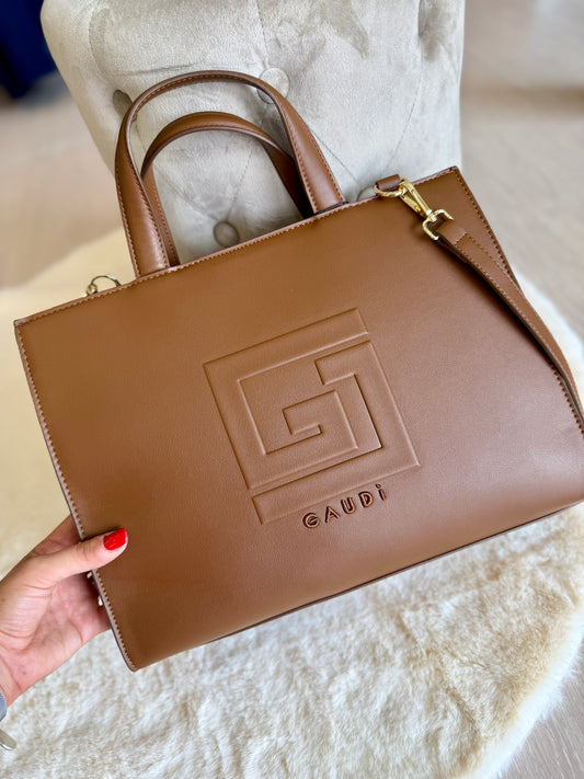 Shopping bag marrone con logo Gaudì con manici e design elegante per uso quotidiano