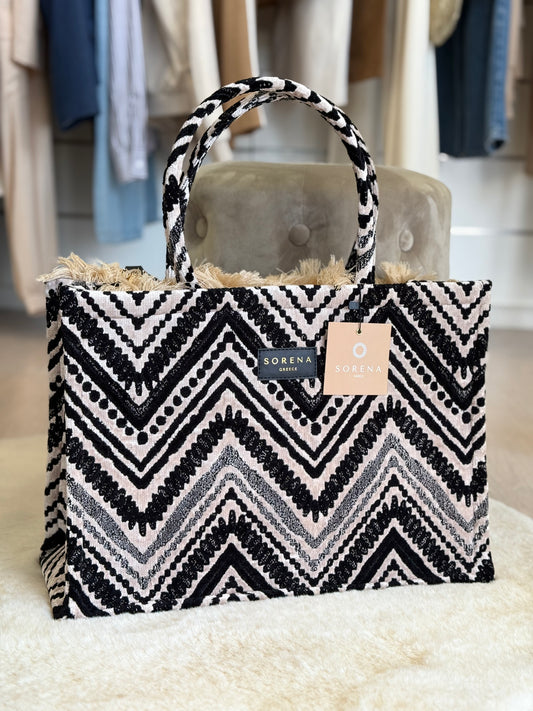 Sorena borsa donna Koufonisi tote bag con design a zigzag in bianco e nero, elegante e spaziosa.