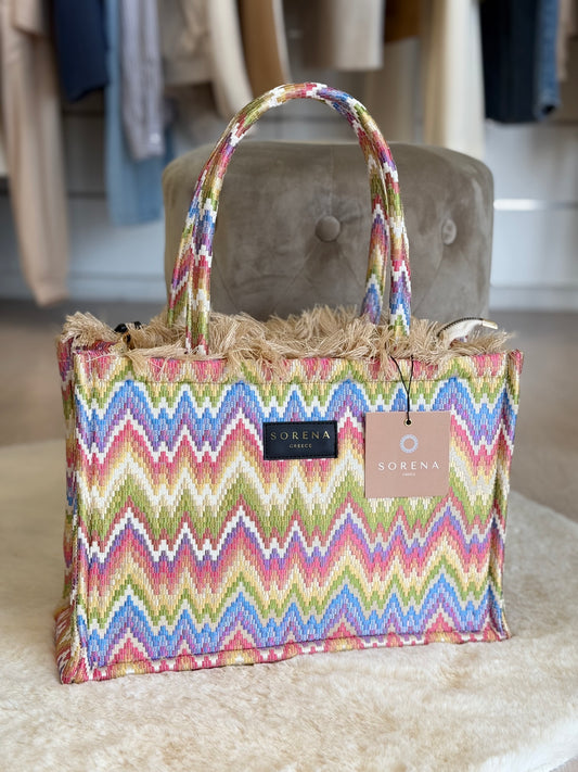 Borsa a mano e tracolla Sorena Medium Tote Bag con design colorato a zigzag e dettagli in seta