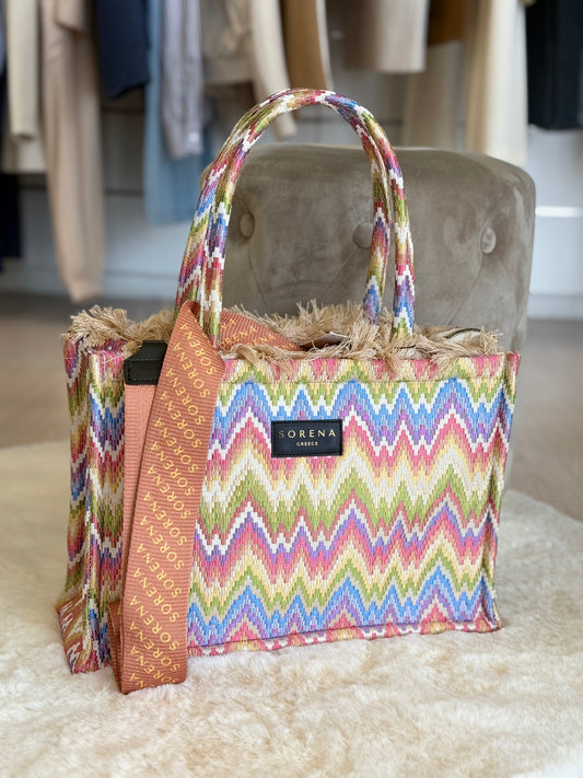 Borsa a mano e tracolla Sorena medium tote bag in tessuto colorato con manici e tracolla coordinata