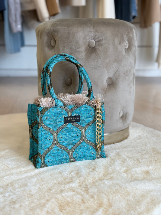 Borsa a mano e tracolla Sorena mini tote bag donna in blu con rifiniture in pelliccia