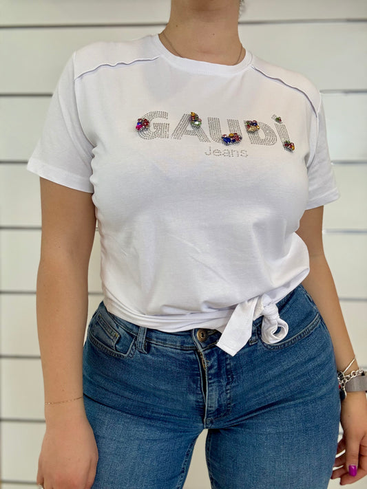 T-shirt donna bianca con logo e strass di Gaudì, perfetta per un look casual e alla moda.