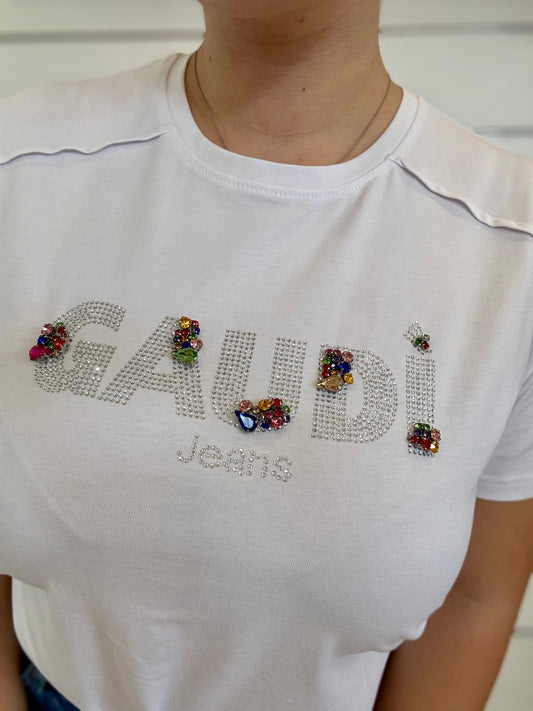 T-shirt donna bianca con logo e strass di Gaudì con decorazioni colorate e design elegante