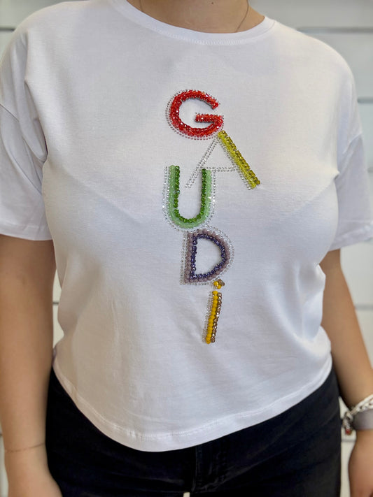 T-shirt donna bianca con logo e strass di Gaudì, design elegante e brillante perfetto per ogni occasione