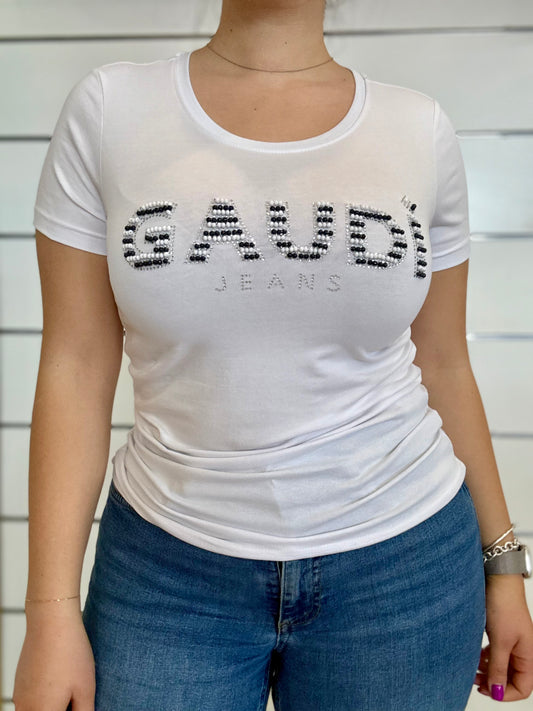 T-shirt donna bianca con strass con logo Gaudì in cristalli brillanti