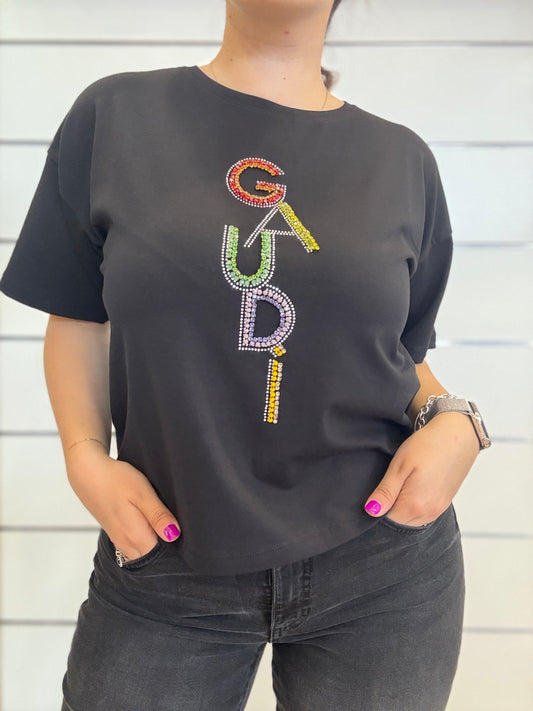 T-shirt donna nera con logo e strass di Gaudì, ideale per un look moderno e alla moda