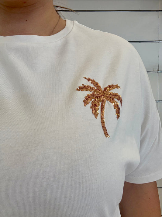 T-shirt oversize con palma in paillettes su cotone bianco per uno stile estivo e casual