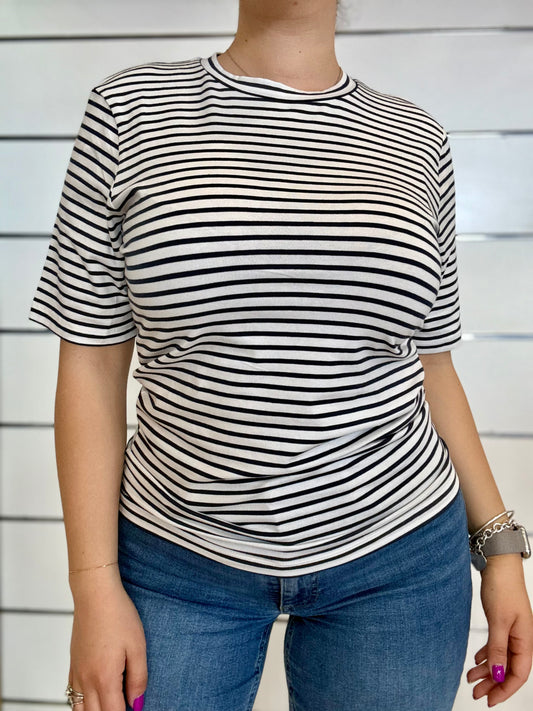 T-shirt righe bianche e blu ICHI in cotone con maniche corte per un look casual