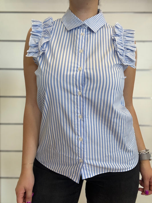 Top donna con rouches a righe azzurre di Gaudì, elegante e fresco per l'estate