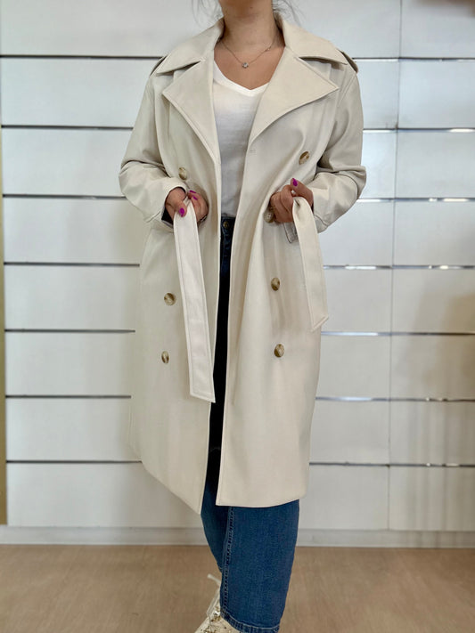 Trench in ecopelle panna di RINO E PELLE con bottoni e cintura, stile elegante e moderno